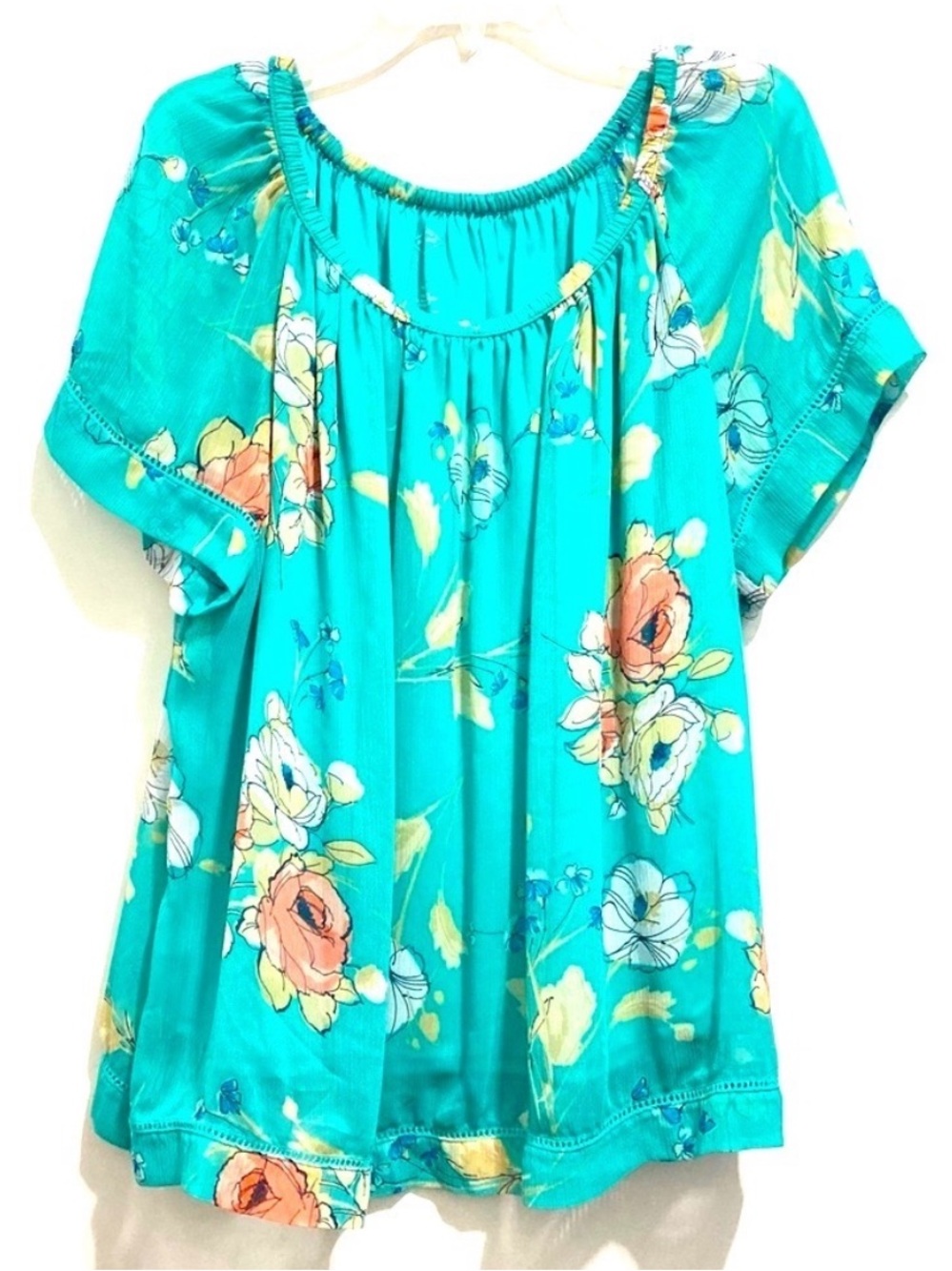 St. Johns Bay Aqua Blue Floral Chiffon Lined Convertible Off-the-Should Top